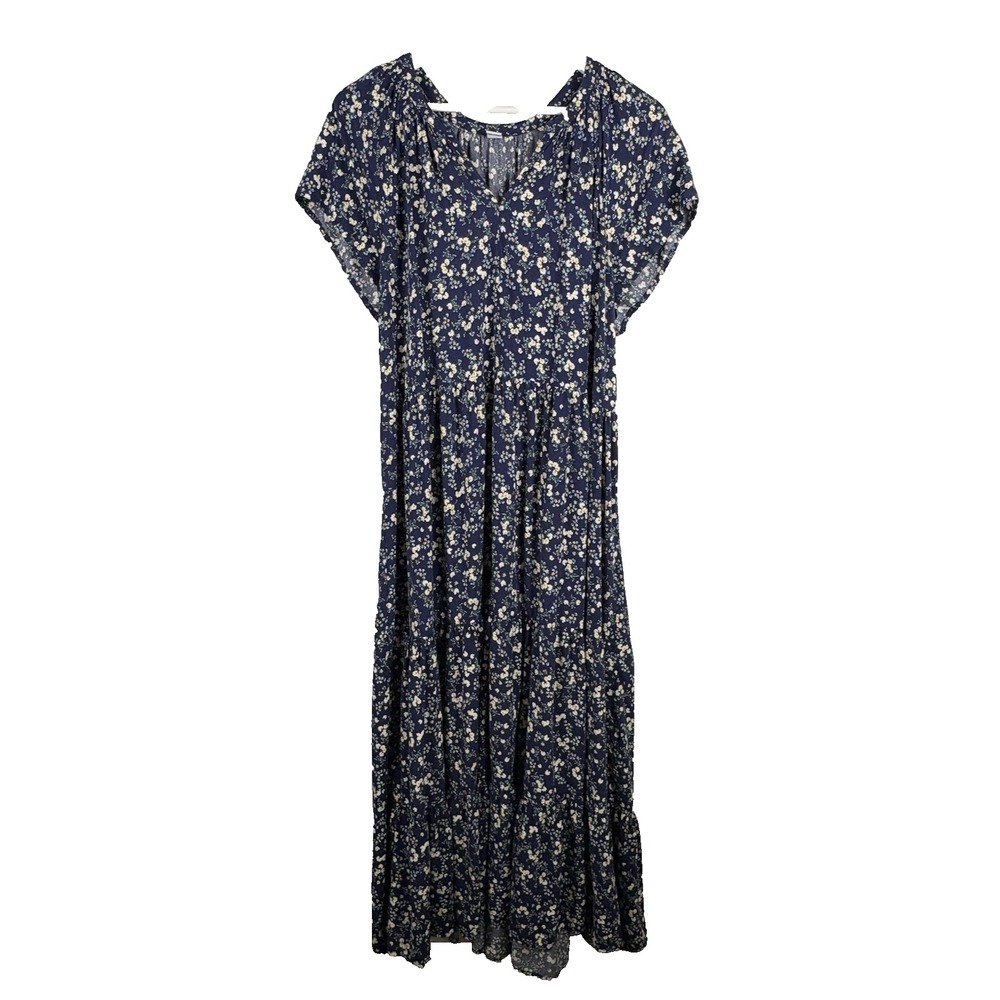 Old Navy Papillon Dress Navy Blue Floral Size XL V-neck Maxi Cottagecore Garden